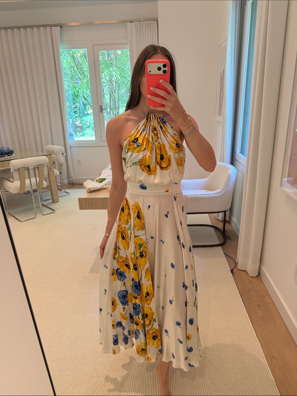 Backless Halter Midi Dress — White with Yellow & Blue Floral Print